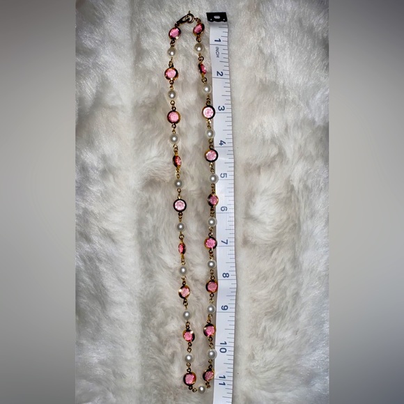 🌸🌼Pearl Faux Tennis Link Station Style Glass Stone Yellow Gold Tone Necklace - Picture 6 of 7